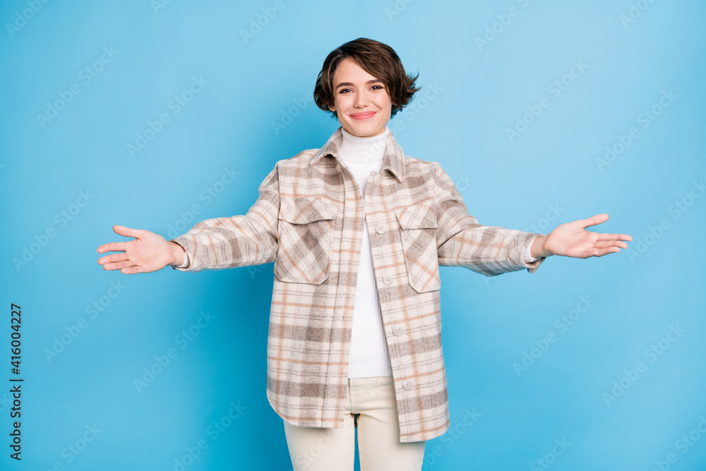 Photo of optimistic curly short hairdo lady want hug wear white shirt isolated on vivid teal color background Photo of optimistic curly short hairdo lady want hug wear white shirt isolated on vivid teal color background