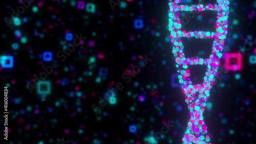 Digital DNA double helix against the colored blurred particles, computer generated. 3d rendering of chemical research backdrop