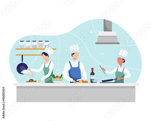 Chef cooking the dish. Professional chef prepares in kitchen, Food cooking and vegetable prepare. Restaurant kitchen with culinary staff, People cooking on kitchen table. Vector in a flat style