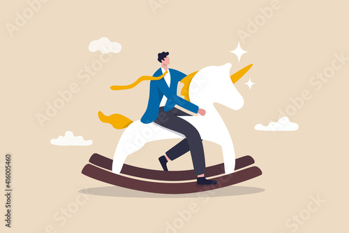 Unicorn start up, winner creative idea to earn money and make profit in real life concept, smart success businessman company founder or billionaire investor riding unicorn rocking horse into the sky.