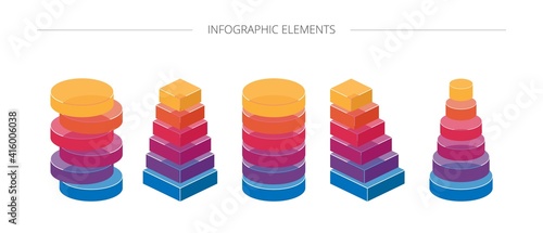 Vector colored geometric elements for infographics, diagrams, presentations. Colored oval, rectangular elements stacked on top of each other