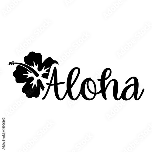 Logotipo con texto manuscrito Aloha escrito a mano con flor de hibisco en color negro