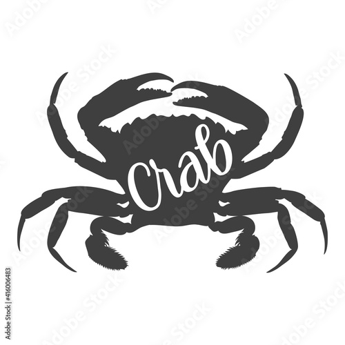 Logotipo con texto manuscrito Crab escrito a mano en silueta de cangrejo en color negro
