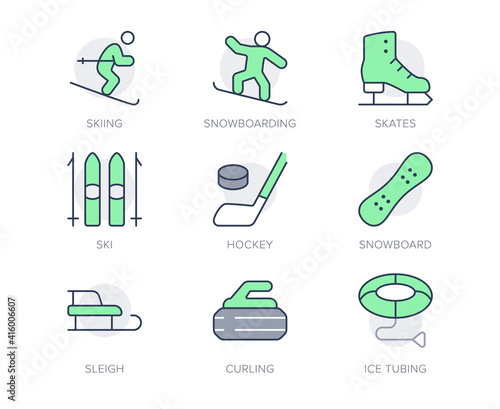 Winter sport simple line icons. Vector illustration with minimal icon - skier, skates, ice hockey, curling stone, snowboard, tubing pictogram. Green Color, Editable Stroke