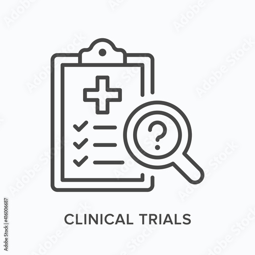 Clinical trials flat line icon. Vector outline illustration of laboratory results. Black thin linear pictogram for medical diagnostic