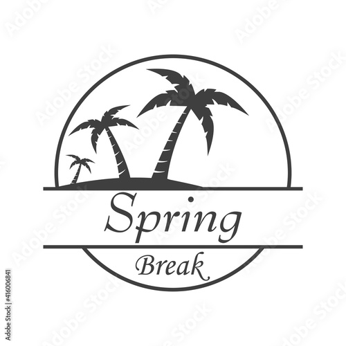 Logotipo con texto Spring Break con palmeras en círculo en color gris