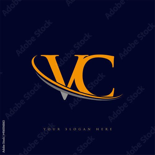 initial letter VC logotype company name yellow and grey swoosh design. isolated on dark background.