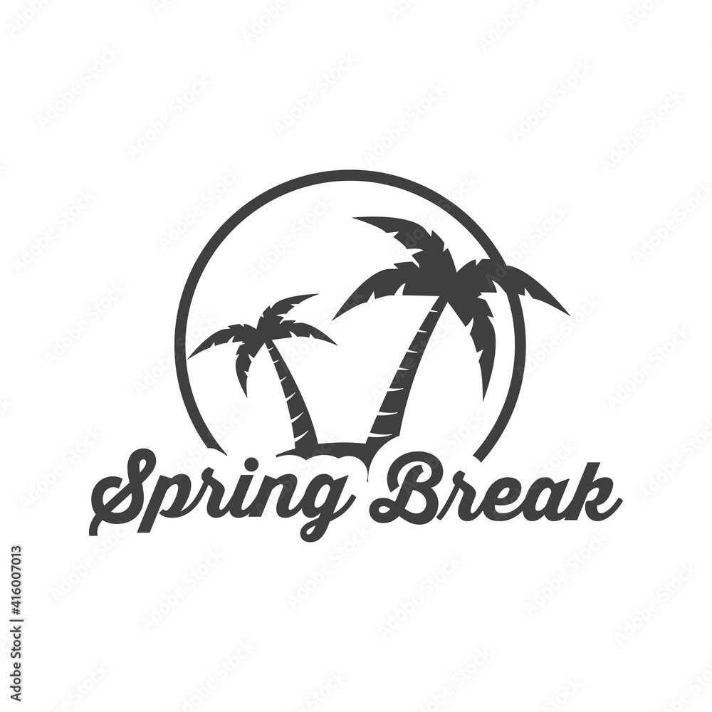 Logotipo con texto Spring Break con palmeras en círculo en color gris