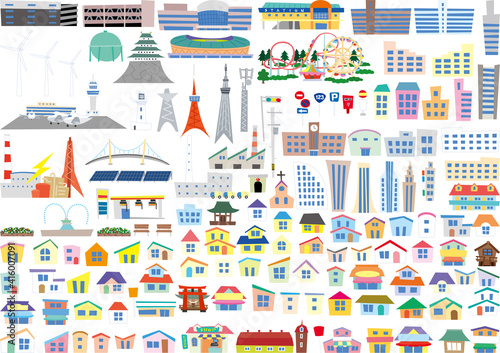 建物　切り絵風のシンプルな情景パーツセット