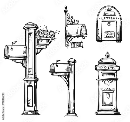 Set of vintage mailboxes, post mounted mailbox vector sketch.