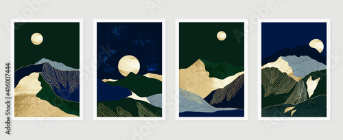 Gold mountain background vector. Mid century landscape art with sun and moon, Sea and Ocean. Modern contemporary art design for acrylic canvas , digital Prints, wallpaper, Poster, metal poster prints