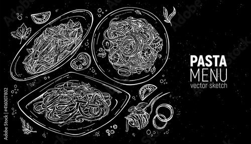 A set of Italian pastes. Carbonara, with chicken and tomatoes, seafood, bolognese on a fork. Hand drawing.