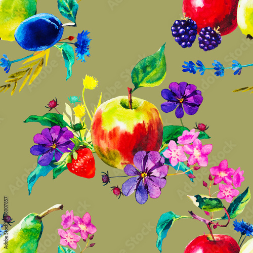 botanical floral seamless pattern with apples and flowers