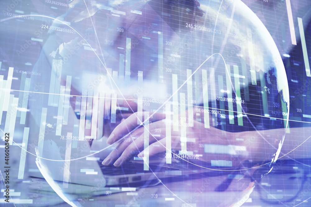 Multi exposure of woman hands typing on computer and business theme hologram drawing. Success concept. Multi exposure of woman hands typing on computer and business theme hologram drawing. Success concept.
