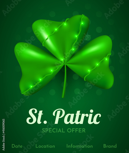 3d clover leaf. Happy St. Patric's day. Special offer banner.