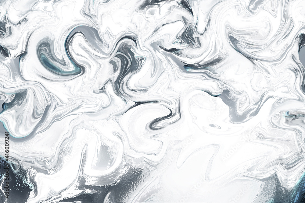 Liquid winter marble background. Splash fluid ice landscape design. White and gray alcohol ink texture.