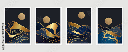 Gold mountain background vector. Mid century landscape art with sun and moon, Sea and Ocean. Modern contemporary art design for acrylic canvas , digital Prints, wallpaper, Poster, metal poster prints