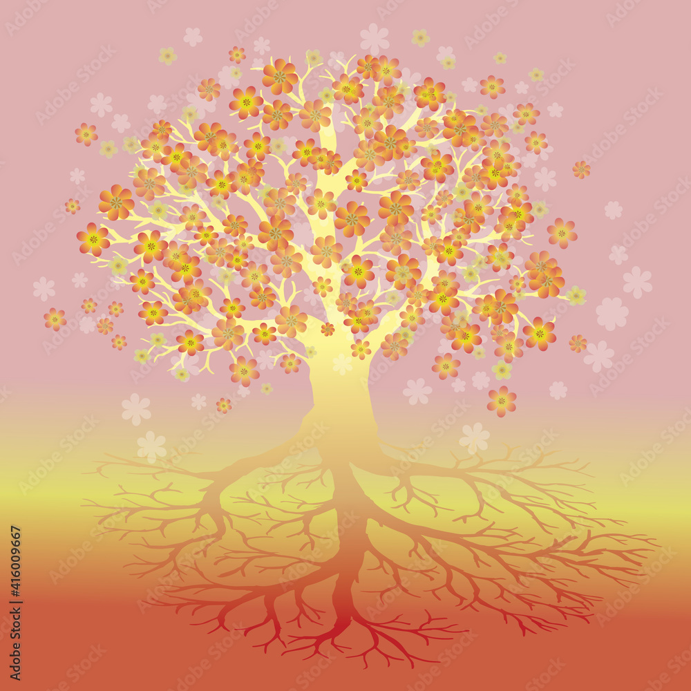 Fototapeta premium Tree of life with yellow, orange and red flowers. The branches of the crown are yellow.