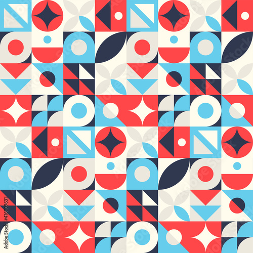 Abstract geometric seamless pattern. Neo geo style print, vector illustration. Simple repeating lines and shapes mosaic background. Red, blue and beige colors. Endless design for textile, gift wrap