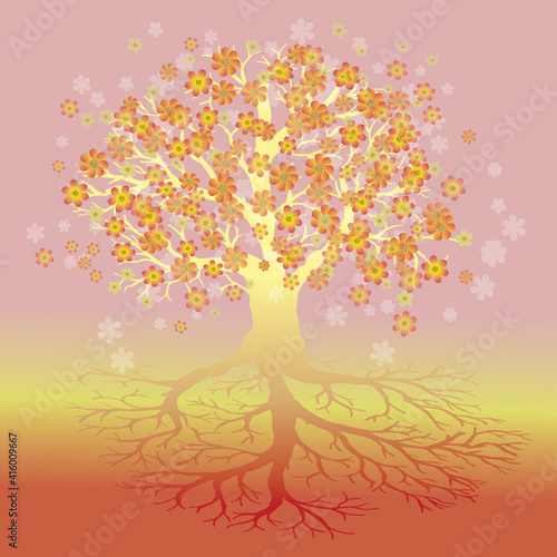  Tree of life with yellow, orange and red flowers. The branches of the crown are yellow.