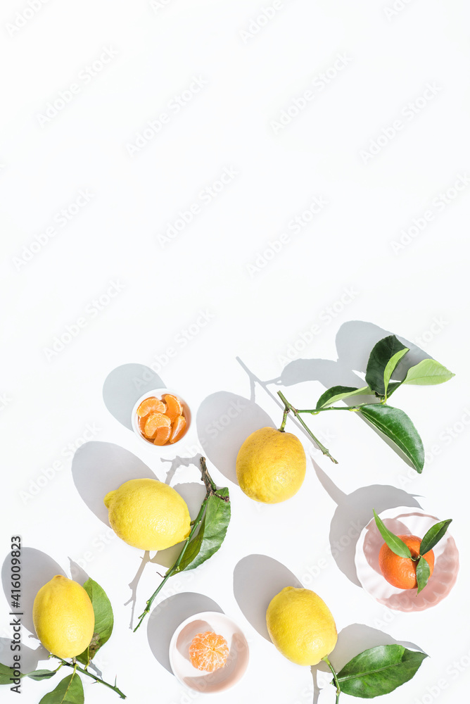 Fototapeta premium Summer sunny still life with citrus fruits manadrines and lemons and bright sunlight, free space for graphic design 
