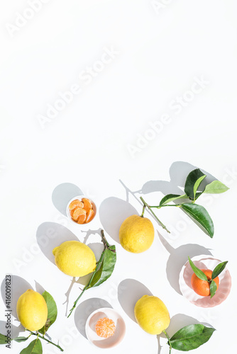 Fototapeta Naklejka Na Ścianę i Meble -  Summer sunny still life with citrus fruits manadrines and lemons and bright sunlight, free space for graphic design 