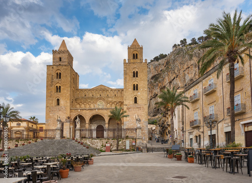 Cathedral Basilica of Cefalu at square Piazza del Duomo in the old town of Cefalu, Sicily photo