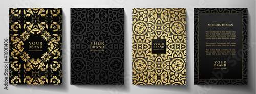 Floral gold curve pattern cover design set. Luxury abstract golden ornament on black background. Premium vector collection for brochure, invite, notebook, menu template