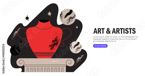 Antique red amphora or vase with ornament on column on space background with stars and planets. Ancient greek or ancient roman style. Vector illustration. Classic ceramics or pottery in modern style.