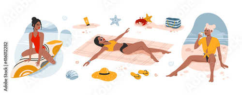 Girls relaxing on the beach sand and drinking coctail. Woman sitting on surf. Summer time vector illustrations.