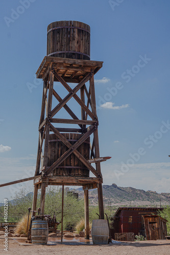 Old wooden watertower in an abandoned western town