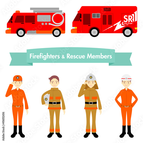 消防士、レスキュー隊員のイラストセット／Illustration set of firefighters and rescue workers