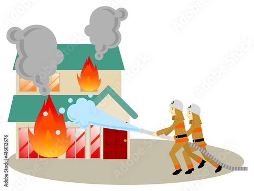 住宅火災、消火活動／Fire and fire extinguishing activities