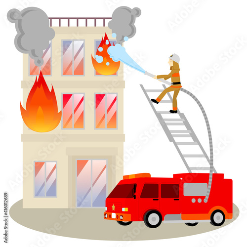 ビル火災、消火活動／Building fire, fire extinguishing activities