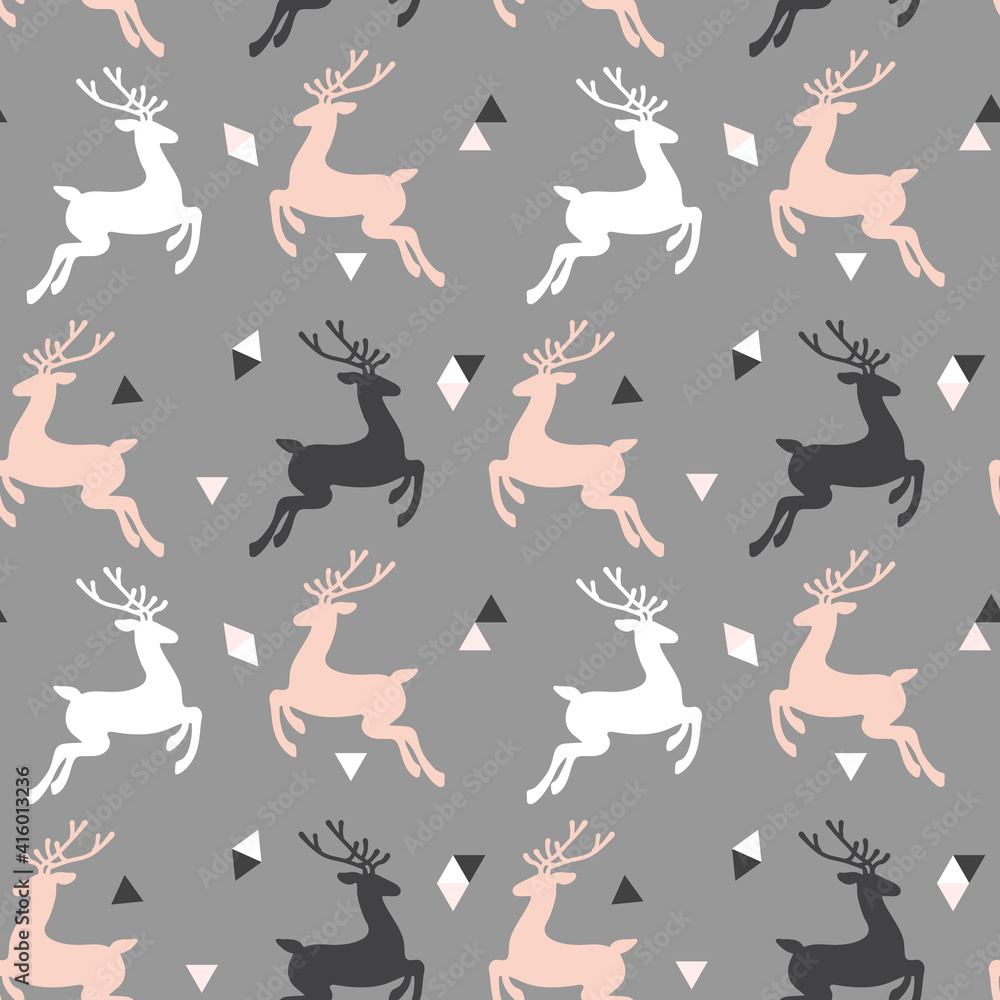 Vector seamless pattern with deer and triangles. Background for wallpaper, packagings, postcard, birthday, textiles, paper, holiday.