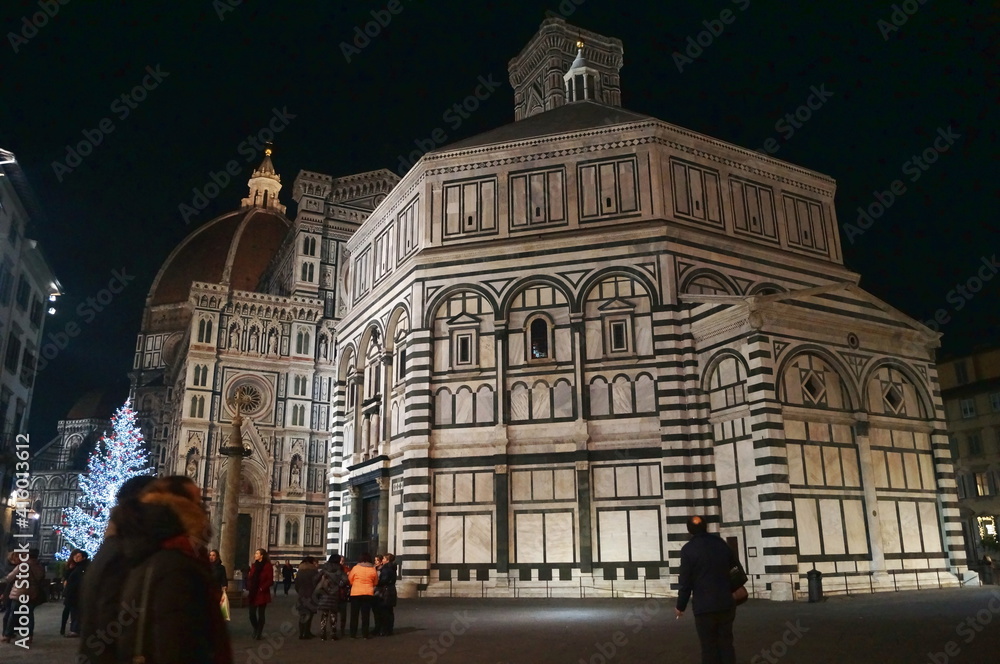 Florence Baptistery and Cathedral at Christmas by night, Italy