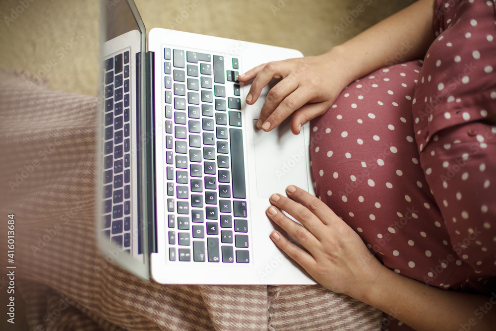 Obraz premium Pregnant woman sitting on floor and using laptop.