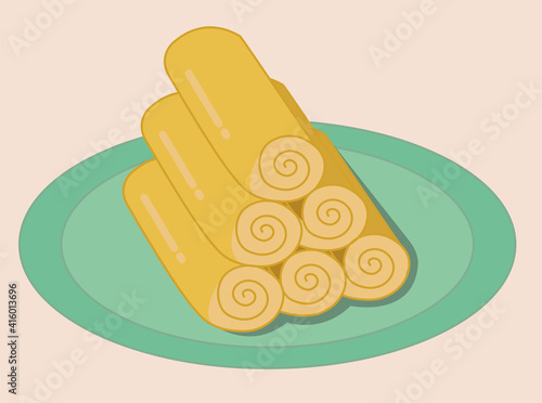 Rolled thin pancakes on a plate. Shrovetide. Maslenitsa. Flat vector illustration