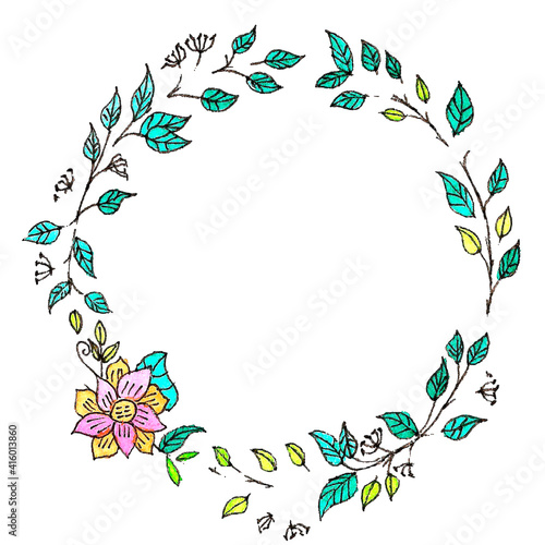 A beautiful wreath of leaves and flowers. Materials: liner and watercolor. Colors: Pink, green and blue.