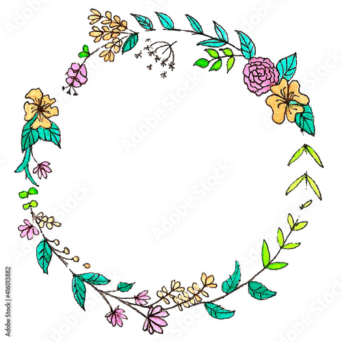 A beautiful wreath of leaves and flowers. Materials: liner and watercolor. Colors: Pink, green and blue.