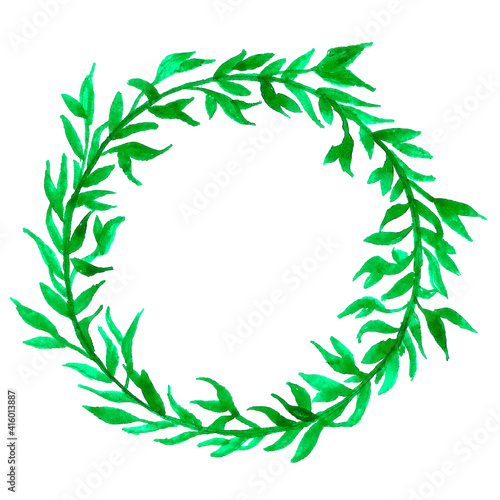 A beautiful wreath of leaves and flowers. Materials: liner and watercolor. Colors: Pink, green and blue.