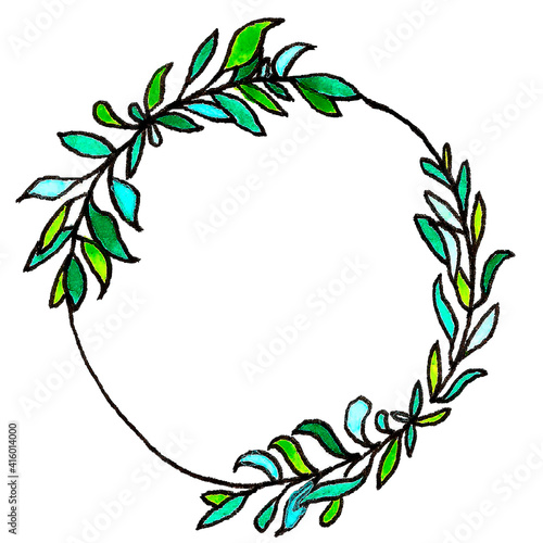 A beautiful wreath of leaves and flowers. Materials: liner and watercolor. Colors: Pink, green and blue.