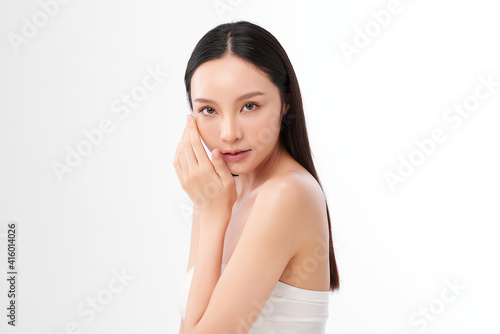 Beautiful young asian woman with clean fresh skin on white background, Face care, Facial treatment, Cosmetology, beauty and spa, Asian women portrait