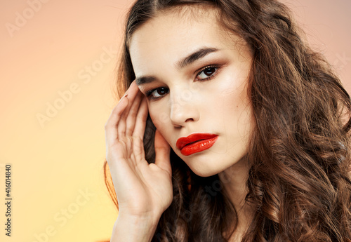 Cute Lady Portrait Red Lips Model Eyeshadow And Pink Background