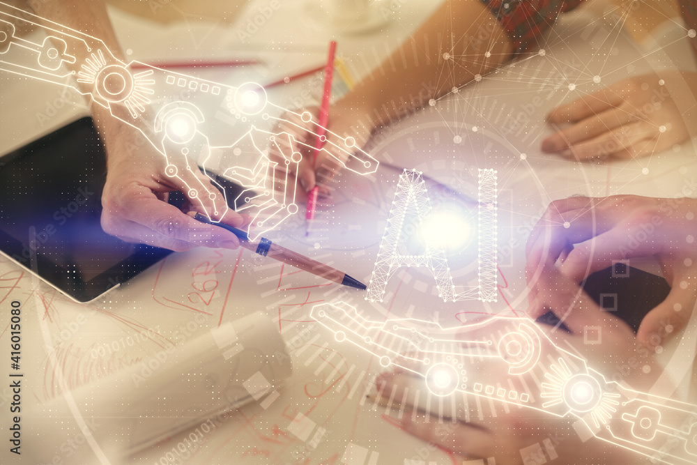 Double exposure of data theme hologram drawing and man and woman working together holding and using a mobile device. Double exposure of data theme hologram drawing and man and woman working together holding and using a mobile device.