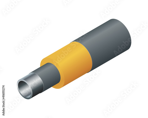 Isometric vector illustration steel pipes in insulation isolated on white background. Realistic pipe with heat insulation icon in flat cartoon style. Thermal insulation polyethylene foam covering tube