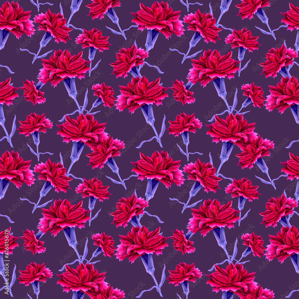 Seamless pattern carnations flower. Floral background, wallpaper. Realistic stylish flowers. 