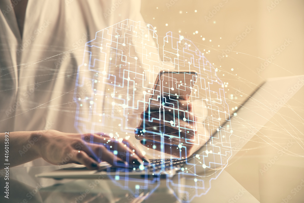 Double exposure of brain sketch hologram and woman holding and using a mobile device. Double exposure of brain sketch hologram and woman holding and using a mobile device.