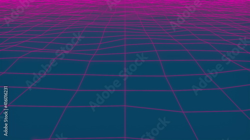 Wavy neon grid, computer generated. 3d rendering backdrop of retro style