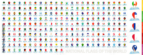 Maps of the world with pin flags of 228 countries.